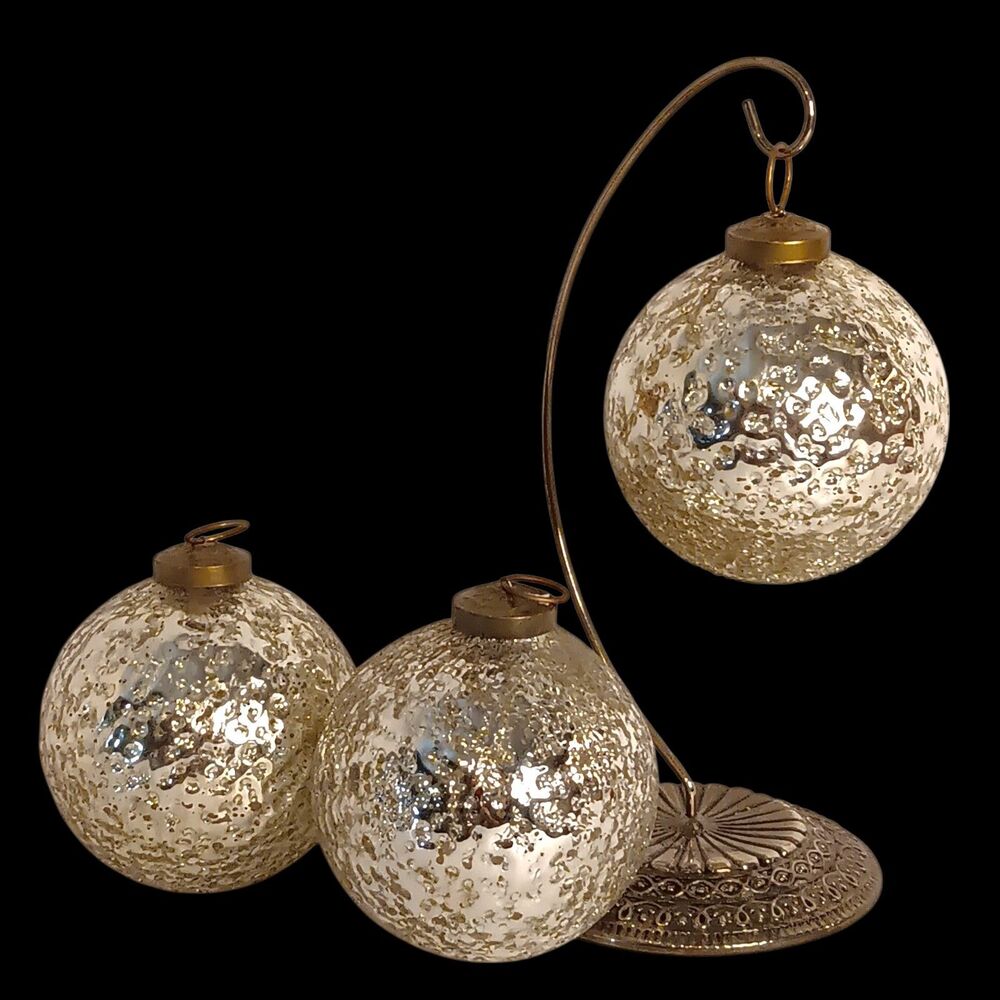Large Silver Crackle Glass Christmas Ornament Round Kugel Style 4" Set Of Three